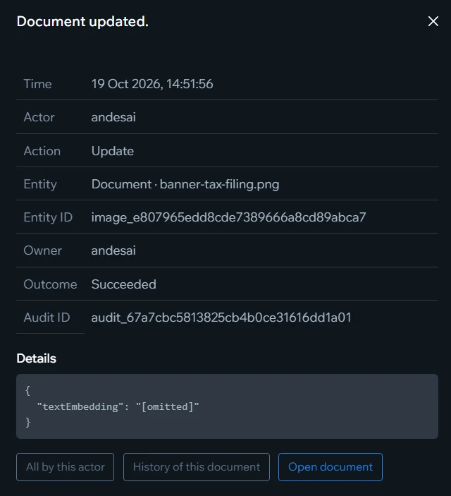 One audit log entry: time, actor, action, item, owner, outcome and audit ID, with links to everything by this person and the item's history