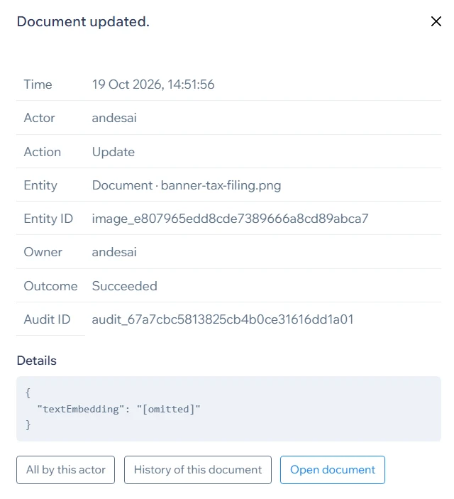 One audit log entry: time, actor, action, item, owner, outcome and audit ID, with links to everything by this person and the item's history