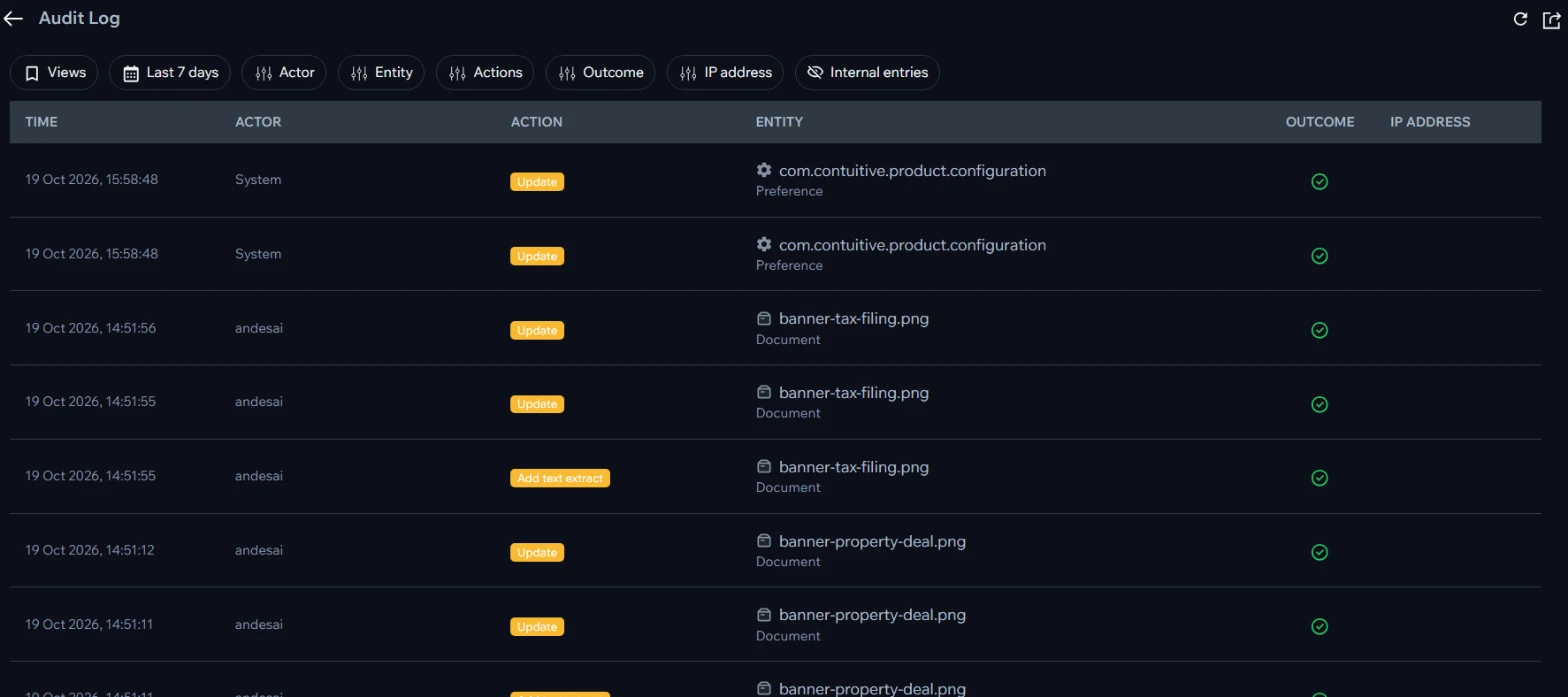 The Contuitive audit log: time, actor, action, item and outcome, with filters
