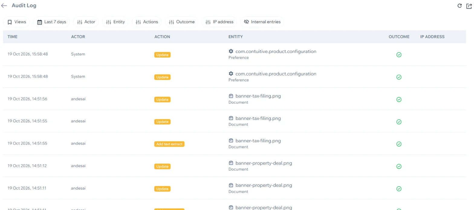 The Contuitive audit log: time, actor, action, item and outcome, with filters