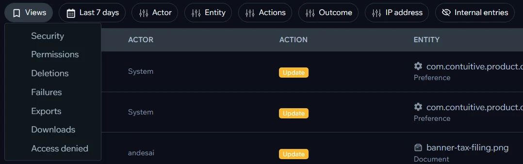 The audit log's ready-made views: Security, Permissions, Deletions, Failures, Exports, Downloads, Access denied