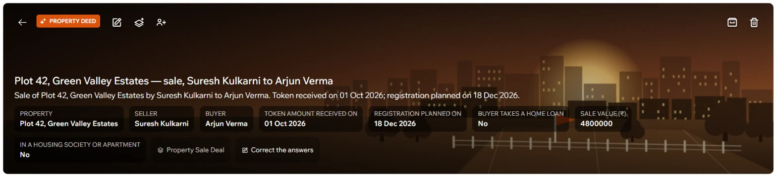A property deal in Contuitive: the property, parties and dates at the top, with Correct the answers