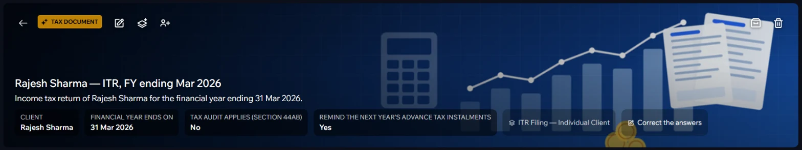 An income tax return filing in Contuitive with the client, financial year and answers at the top