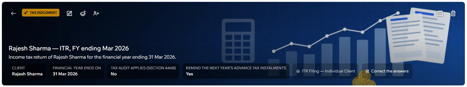 An income tax return filing in Contuitive with the client, financial year and answers at the top