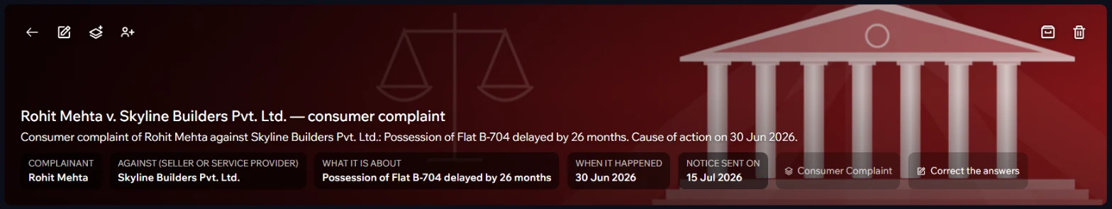 A consumer complaint in Contuitive: complainant, opposite party, cause of action and dates at the top
