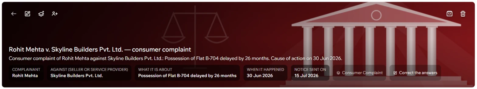 A consumer complaint in Contuitive: complainant, opposite party, cause of action and dates at the top