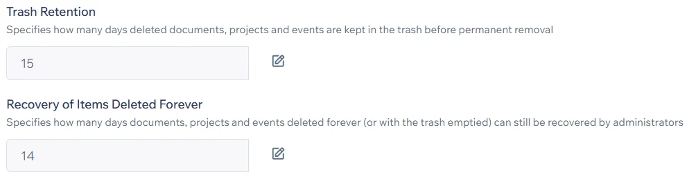 Settings for trash retention (15 days) and recovery of items deleted forever (14 days)
