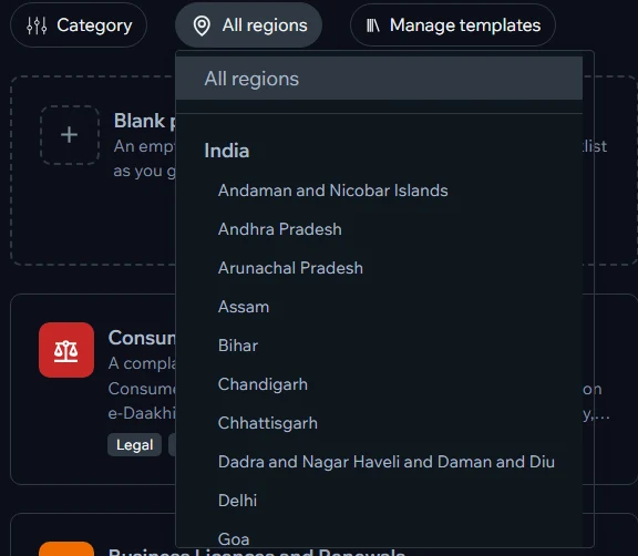 The workflow library's region filter listing India and its states