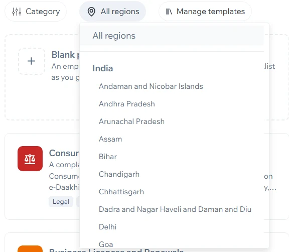 The workflow library's region filter listing India and its states