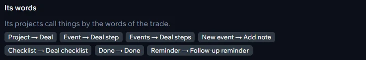 A workflow's own words: Project becomes Deal, Event becomes Deal step, Checklist becomes Deal checklist